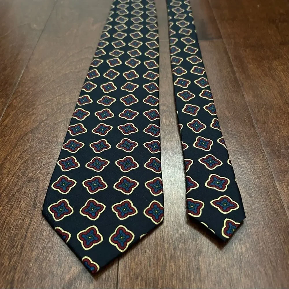 Faconnable Dark Navy and Red Geometric 100% Silk Tie